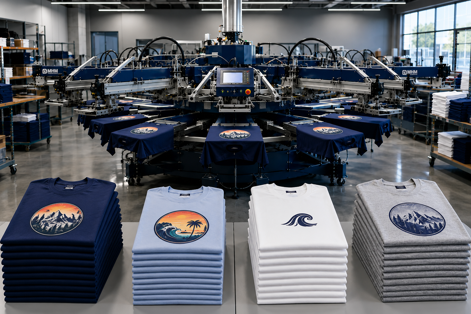 Automatic screen printing press with printed shirts for high volume custom shirt production