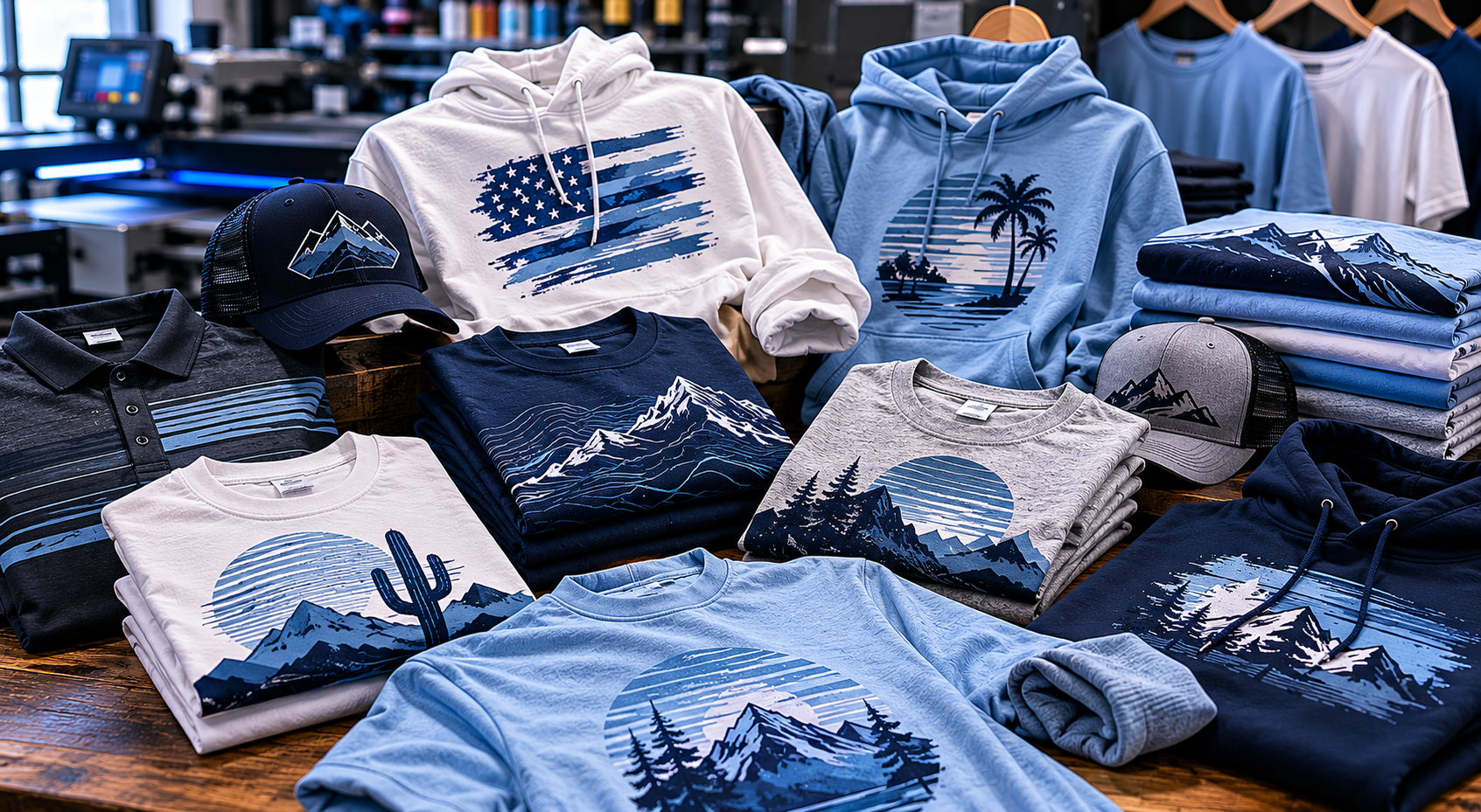Finished custom apparel examples including shirts hoodies polos and hats