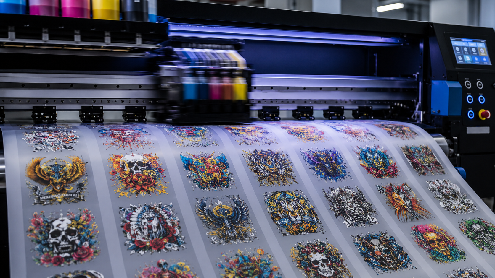 Large DTF print run with colorful transfers printing on film